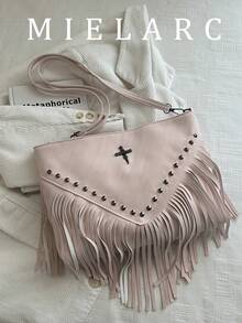 Bolso bandolera de cuero retro de moda, bolso de hombro estilo bohemio con flecos y remaches, cartera cuadrada casual, bolso de mensajero adecuado para viajes y uso diario, bolso bandolera d - Rosa Pálido - Ver 3