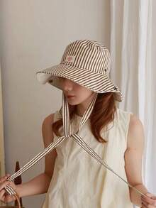 Wide Brim Striped Bucket Hat Beach Vacation Sun Hat Vintage Patchwork Contrast Color Drawstring Large Brim Bucket Hat Boho Vacay Spring Summer Sun Hat Bright Monochromatic Looks Tie-Up Sun Protection Hat Travel UV Protection - Striped Color Blocking - View 2