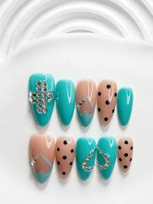 10pcs Avant-Garde Handmade Press-On Nails, Polygel Nail Art Set, Polka Dot, Heart & Rhinestone Embellishments, Blue Green Black Color Scheme, Fashion Style, Includes Nail Tools, 3 Sizes Available, Square, Short Square, Almond Shape, Suitable For Party, Dancing, Daily Wear - Multicolor - View 12