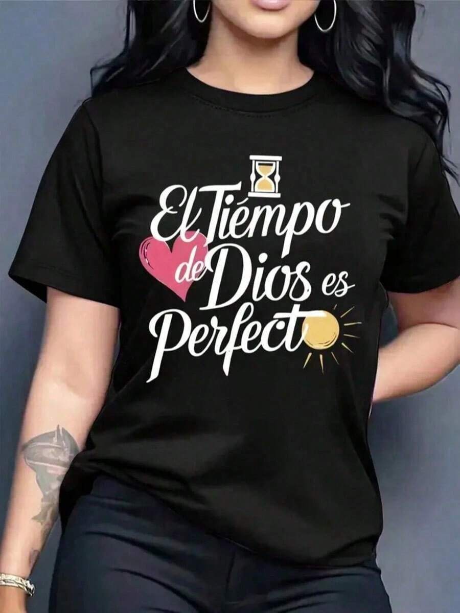 Playera camiseta gráfica dama manga corta cuello redondo básica cómoda fresca ligera moderna juvenil casual estampado frase religiosa tiempo de dios es perfecto letras cristiana corazón - Multicolor - Ver 1