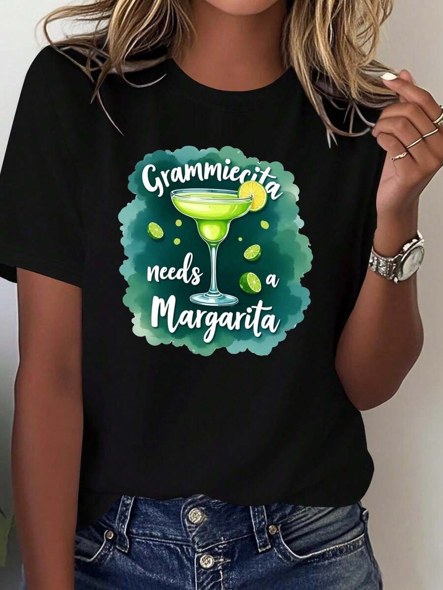 New Hot Selling "I Need A Margarita" T-Shirt For Women By Lightweight Grammicita - Casual Short Sleeve Solid Color T-Shirt With Margarita Design (Tequila, Lime, Ice Cubes) - - 黑色 - 查看 1