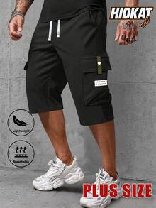 Plus Size Men's Summer Versatile Cargo Capri Pants, Drawstring Waist, Large Pockets, Letter Patch, Casual Sports Trousers Suitable For Daily Wear Black - Black - View 2