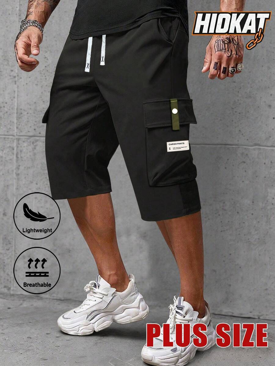 Plus Size Men's Summer Versatile Cargo Capri Pants, Drawstring Waist, Large Pockets, Letter Patch, Casual Sports Trousers Suitable For Daily Wear Black