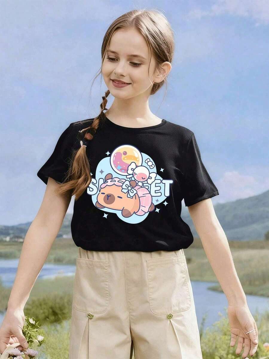 Bonita camiseta gráfica para ni?as, suave al tacto, holgada, cómoda, estilo sofisticado, estilo encantador.