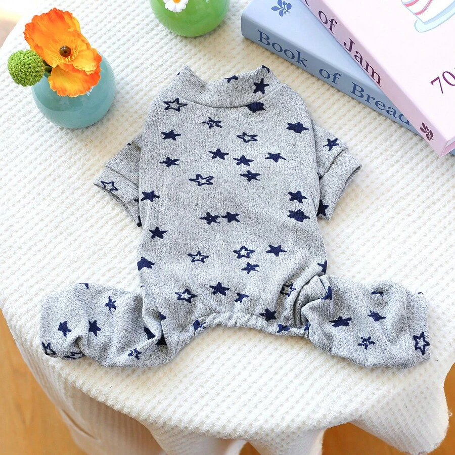 1pc Pet Clothing, Comfortable Cat & Dog Print Five-Point Star Grey Home Wear Fleece One-Piece Pajamas - Grey - View 1