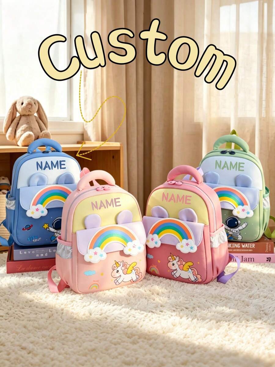 1pc Mini Back To School Personalized Customized Fashionable Cute Cartoon Rainbow, Unicorn, Astronaut Theme Backpack, Zipper Closure Nylon Material, Adjustable Shoulder Straps, Handheld, Suitable For School, Shopping, Outdoor Travel, Daily Use. Birthday Gift. - Multicolor - View 1