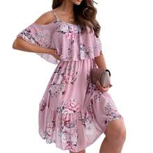 New Sexy Printed Chiffon Off-The-Shoulder Fashion Dress For Spring. - Burgundy - View 5
