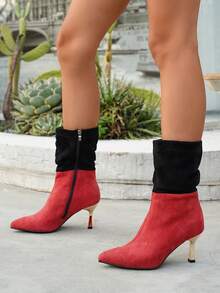 planare Women's New Fashion Casual Ruched Pointed Toe Slip-On Motorcycle Boots Western Boots Stiletto High Heel Mid-Calf Ankle Boots Winter Fashion Boots - Red - View 7