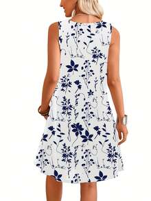 [Vestido floral para mujer] Vestido casual de fibra sedosa con estampado floral digital para mujer, primavera/verano, estilo europeo y americano - Azul - Ver 2