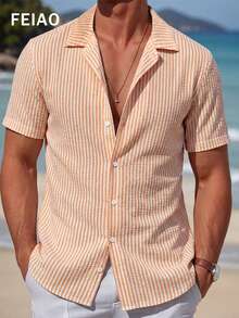 FEIAO Men's Retro Style Short Sleeve Shirt, Lightweight Polyester Striped Fabric, Suitable For All Seasons, Casual & Versatile - Orange - View 1