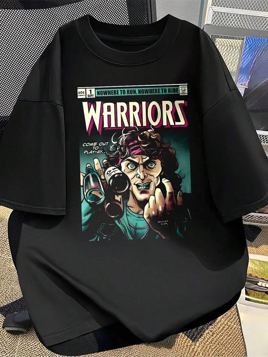 Men's Casual Crew Neck T-Shirt With Print, Made Of Cotton, Streetwear Style, Ideal For Everyday Use. - 黑色 - 查看 1