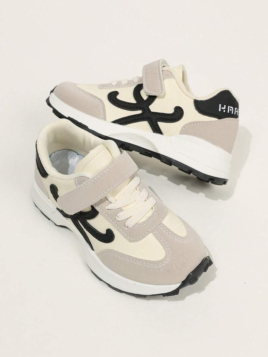 1 Pair Girls Black Curved Patch Coated Fabric Hook And Loop Strap Chunky Retro Sneakers For School Daily - Grey - View 1