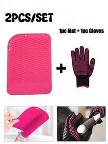 2pcs Heat Resistant Mat And Glove Set, Suitable For Curling Irons, Flat Irons And Straighteners, Protects Hair And Hands From Heat Damage - Multicolor - View 2