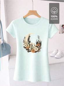 SHENDY VENDY Women's T-Shirt, 100% Cotton, Short Sleeves, Round Neck, Soft And Comfortable. Botanical Design With A Floral Crescent Moon, Natural And Elegant Style. - light blue - 查看 2
