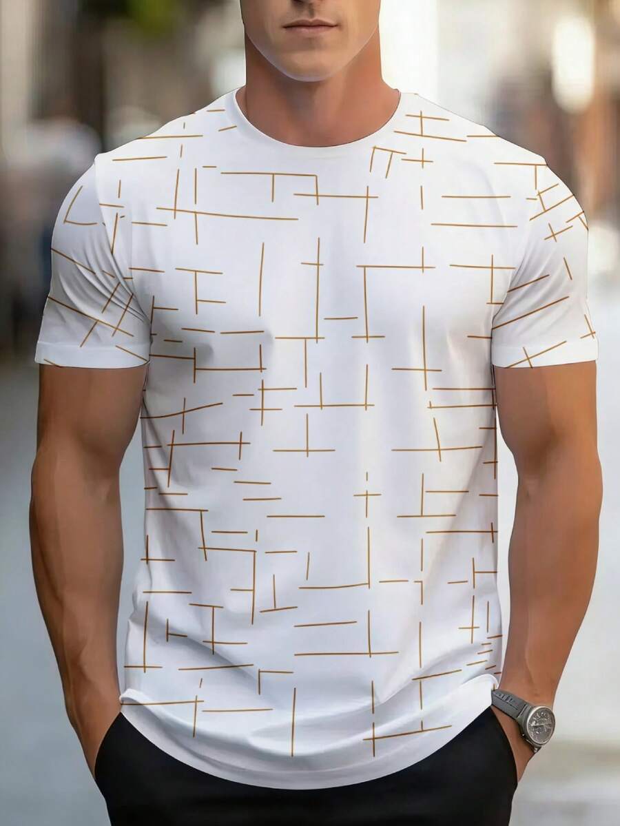 Camiseta de novedad para hombre - Patrón geométrico moderno minimalista, lavable a máquina para uso casual y formal, prenda versátil - Negro - Ver 1