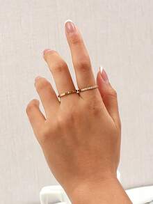 2pcs Fashionable Luxury Stainless Steel 18K Gold Plated Single Diamond And Single Row Rhinestone Thin Band Ring Set, Suitable For Women's Daily Wear Or Party - Ring Set - View 2