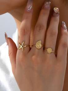 3pcs/Set Summer Beach Starfish Ring Set, Shell And Scallop Rings, Women's Vacation Beach Travel Jewelry Accessories Gift - Style 1 - View 4