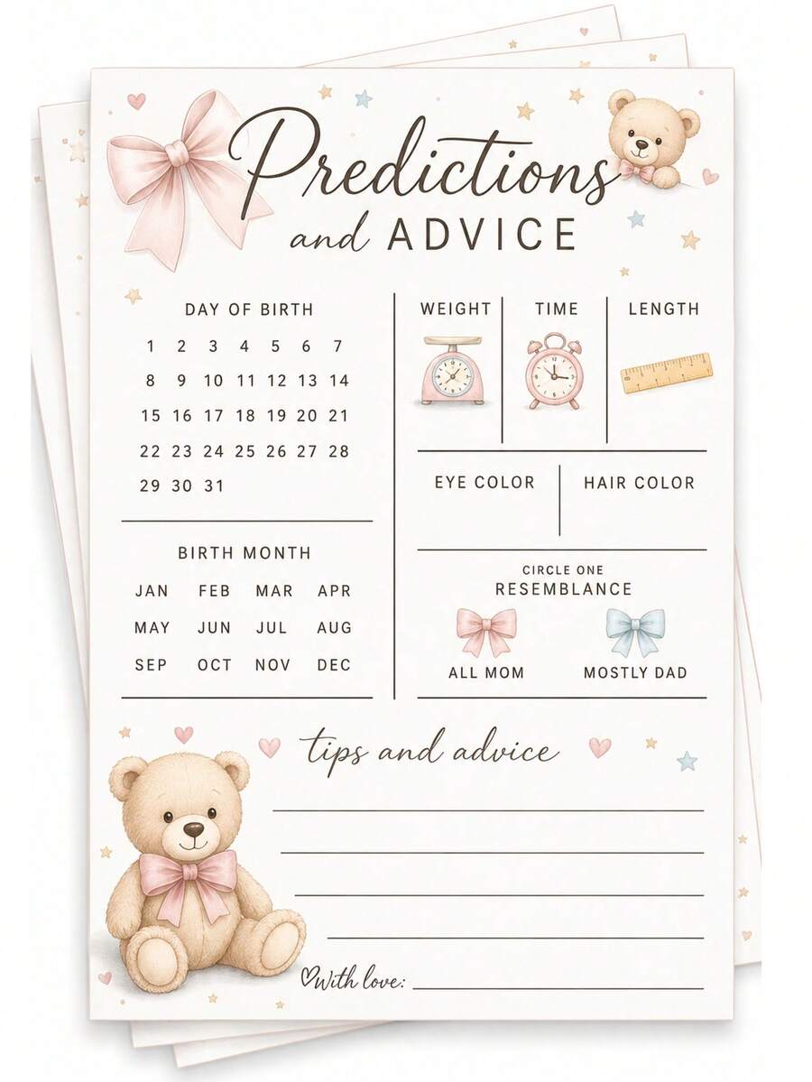 Pink Sweet Style Bow Teddy Bear Baby Prediction Cards, Gender Neutral Baby Shower Guessing Game Cards, Baby Girl Gender Reveal Party Decoration, Baby Shower Game, Gender Reveal Decoration - Multicolor - View 1