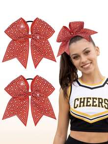 2pcs Rhinestone Cheerleader Bows, Girls Glitter Large Elastic Ponytail Hair Ties, Softball Game Hair Accessories - Multicolor - View 1