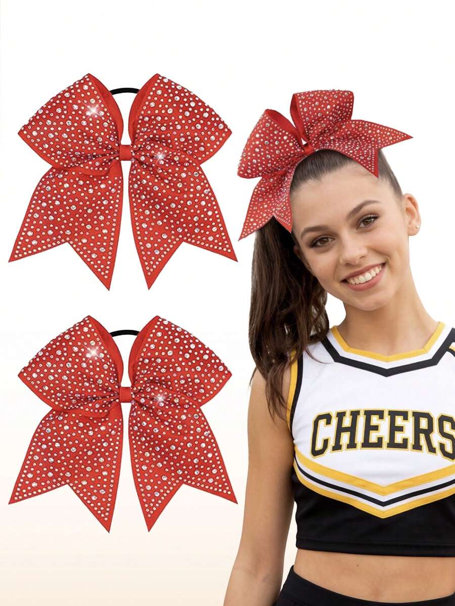 2pcs Rhinestone Cheerleader Bows, Girls Glitter Large Elastic Ponytail Hair Ties, Softball Game Hair Accessories - Multicolor - View 1