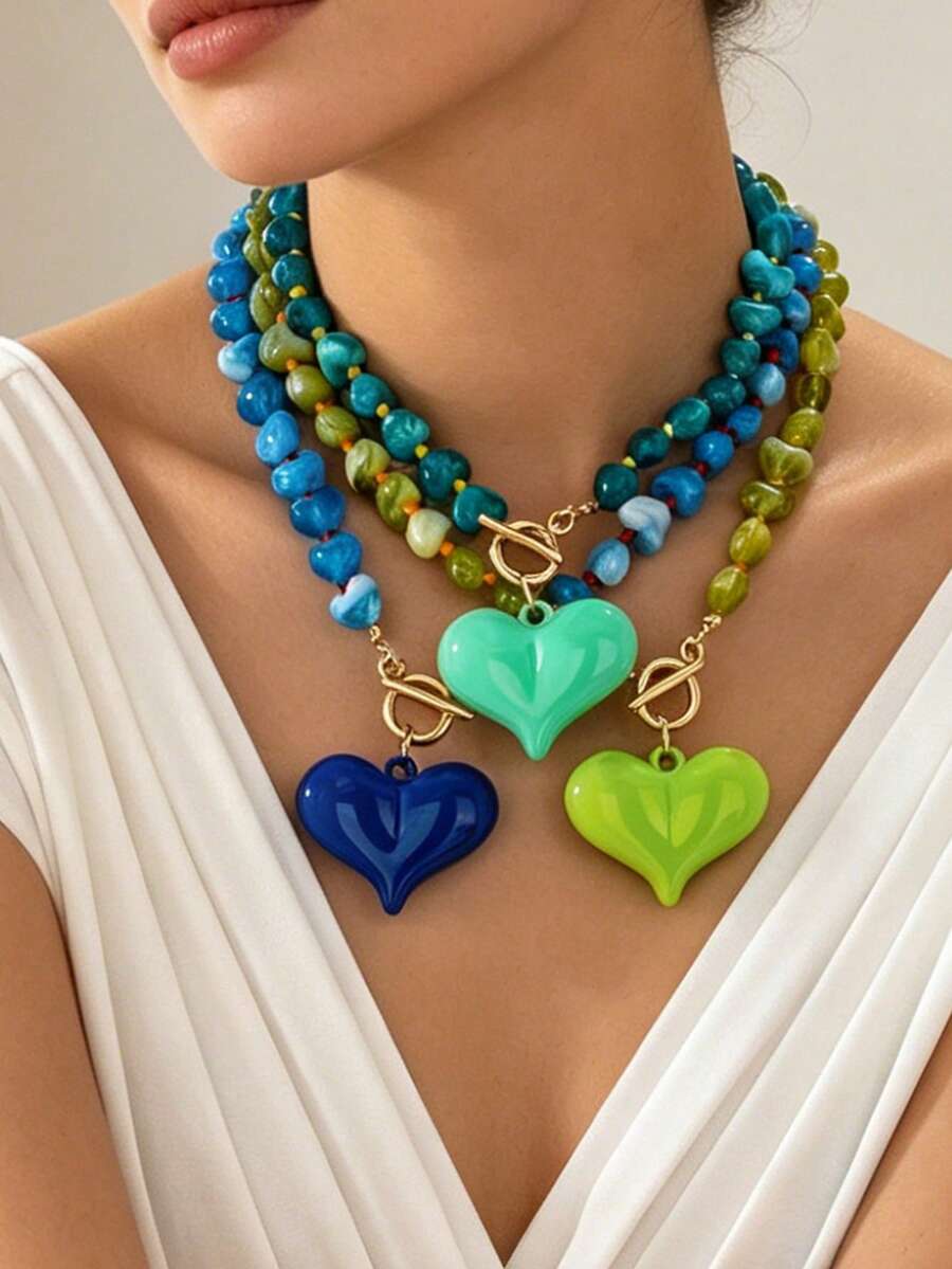 1pc Exaggerated Vintage Elegant Acrylic Beaded Heart Pendant Necklace, Fashionable Women's Necklace Suitable For Valentine's Day Gift, Beach Vacation, Party, Banquet And Daily Wear - Heart Necklace - View 1