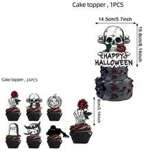 25 Pieces Of Halloween Skull Cupcake Decoration Pieces, Featuring Rose Flowers And Skull Patterns. Suitable For Halloween-Themed, Birthday Parties And Horror-Themed Cake Decoration Supplies. - View 8