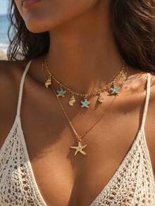 2pcs/Set Fashionable Versatile Gold Starfish Multi-Pendant Collarbone Necklace For Women, Elegant Minimalist Neck Jewelry Suitable For Daily Wear, Dating, Party And Travel - Multicolor - View 1