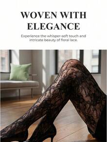 Black Vintage Floral Lace Tights, High Elasticity Anti-Snagging, Commute Party Sexy Slimming Hollow Floral Pattern Black Stockings - Black - View 4