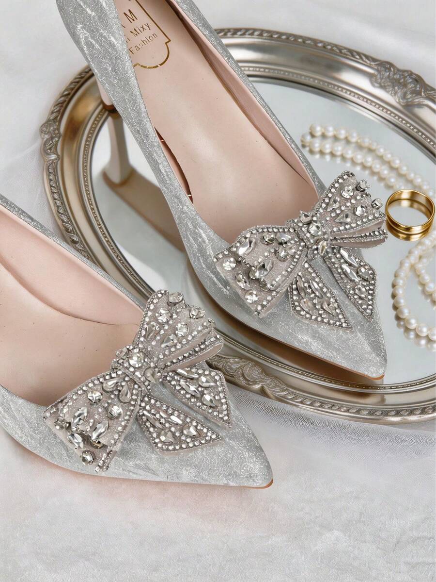 2 piezas de accesorios desmontables para zapatos con lazo de strass en plata, oro y albaricoque, hebilla decorativa para zapatos, estilo elegante de lujo, accesorios DIY para zapatos de tacón alto, zapatillas, zapatos blancos, zapatos casuales, mocasines, zapatos de novia, accesorios para zapatos de boda, un zapato con múltiples usos - Plateado - Ver 1
