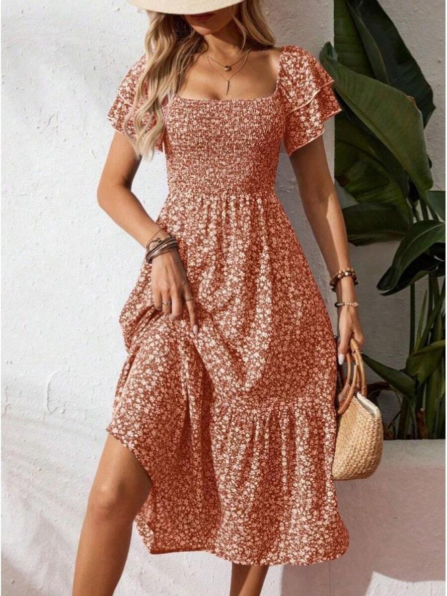 New Cross-Border Success In Europe And America: Long Floral Dress With Square Neck And Puff Sleeves. - Orange - View 1