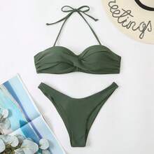 Bikini Dos Piezas Negro Halter Desmontable, Sujetador Bandeau con Fruncido Cruzado en el Bust, Braguita Corte Alto para Playa y Piscina - Nuevo bikini estampado transfronterizo - Ver 6