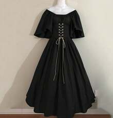 Medieval Retro Style Fitted Dress With Color Blocks, Ruffled Sleeves And A Wide Hem, Ideal For Cosplay And Stage Performances. - Pure Black - View 1
