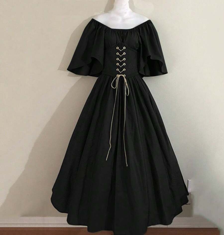 Medieval Retro Style Fitted Dress With Color Blocks, Ruffled Sleeves And A Wide Hem, Ideal For Cosplay And Stage Performances. - Pure Black - View 1