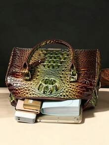 Gradient Crocodile Pattern Boston Handbag For Women, High-End Large Capacity Pillow Bag, Vintage Versatile Shoulder Crossbody Commuter Tote Bag - Green - View 6