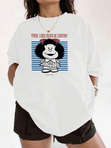 Playera Oversize con Estampado de Chica Caricatura Retro Cuello Redondo Básica Estilo Vintage Juvenil Moda Streetwear Gráfico Y2K Aesthetic - Blanco - Ver 1