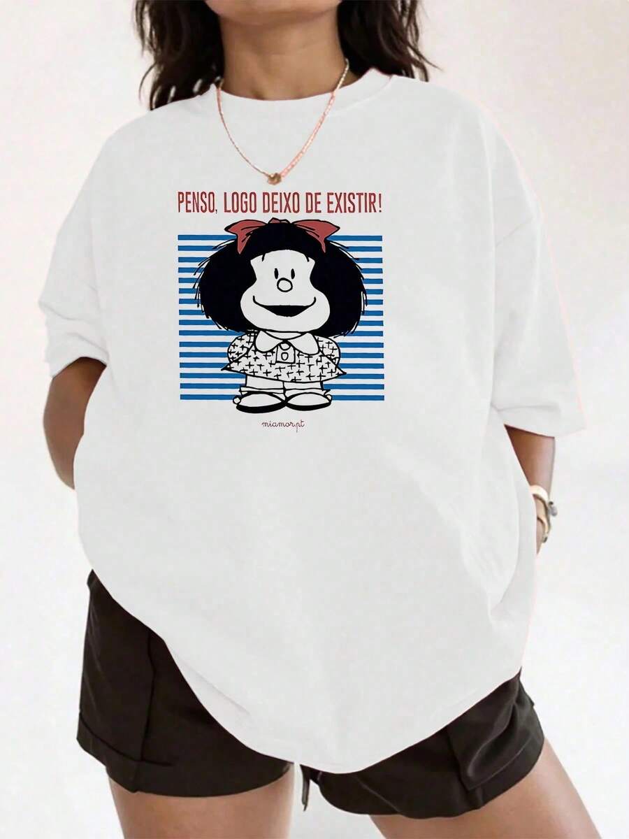 Playera Oversize con Estampado de Chica Caricatura Retro Cuello Redondo Básica Estilo Vintage Juvenil Moda Streetwear Gráfico Y2K Aesthetic - Blanco - Ver 1