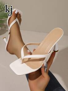 Women's High Heel Sandals, Non-Slip Slimming Soft Sole Printed Square Toe Thong Strap Kitten Heel Slippers, Flip Flops - White - View 7
