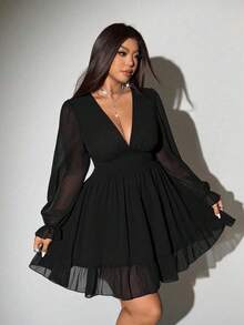 Viva Relle Vestido sexy con cuello en V profundo y dobladillo con volantes para tallas grandes - Celeste - Ver 4