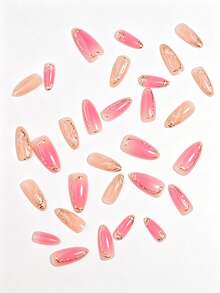 VV MEI JIA ER 30 pièces (S/M/SX) Ongles à presser avec décoration marbrée dégradée, design de vague d'eau avec lignes dorées faites à la main en 3D, faux ongles style Y2K frais et brillants à couverture complète, convient pour le port quotidien, ensemble d'ongles, autocollants d'ongles acryliques en forme d'amande pour femmes & filles - Multicolore - Voir 2