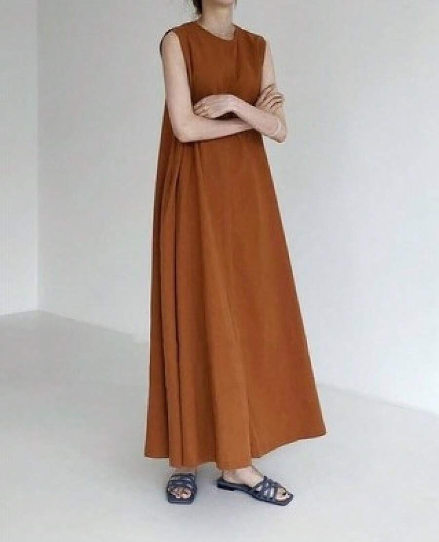Long Linen And Cotton Dress, Loose Fit, Sleeveless, Pumpkin Color. - Pale Yellow - View 1