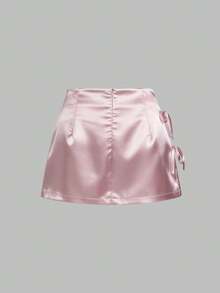 Minifalda de satén con abertura y lazo, color rosa, para uso casual - Rosa - Ver 3