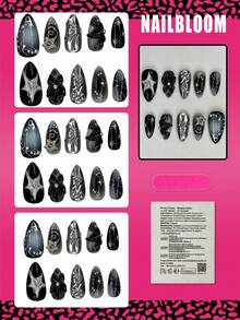 10片中號杏仁形穿戴甲，Y2K暗黑哥德辣妹風，3D黑色花朵配銀色珠飾與銀色星星裝飾，黑色漸層法式指尖配銀色鋼珠點綴，適合女孩與女性日常佩戴、節日派對與送禮 - 黑色 - 查看 2