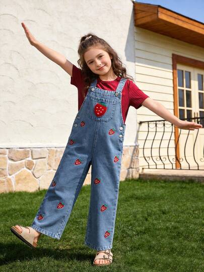 Young Girl's 2pcs Set Fashionable Cute Strawberry Patch Embroidery Blue Denim Overalls Long Pants With Summer Casual Versatile Red Ribbed Crew Neck Short Sleeve T-Shirt Top