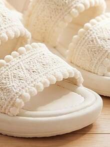 Girls Fashion Princess First Walker Sandals Open Toe Lace Hollow Out Non Slip Hook Loop Thick Soft Sole Slippers Pom Pom Summer - Beige - View 6