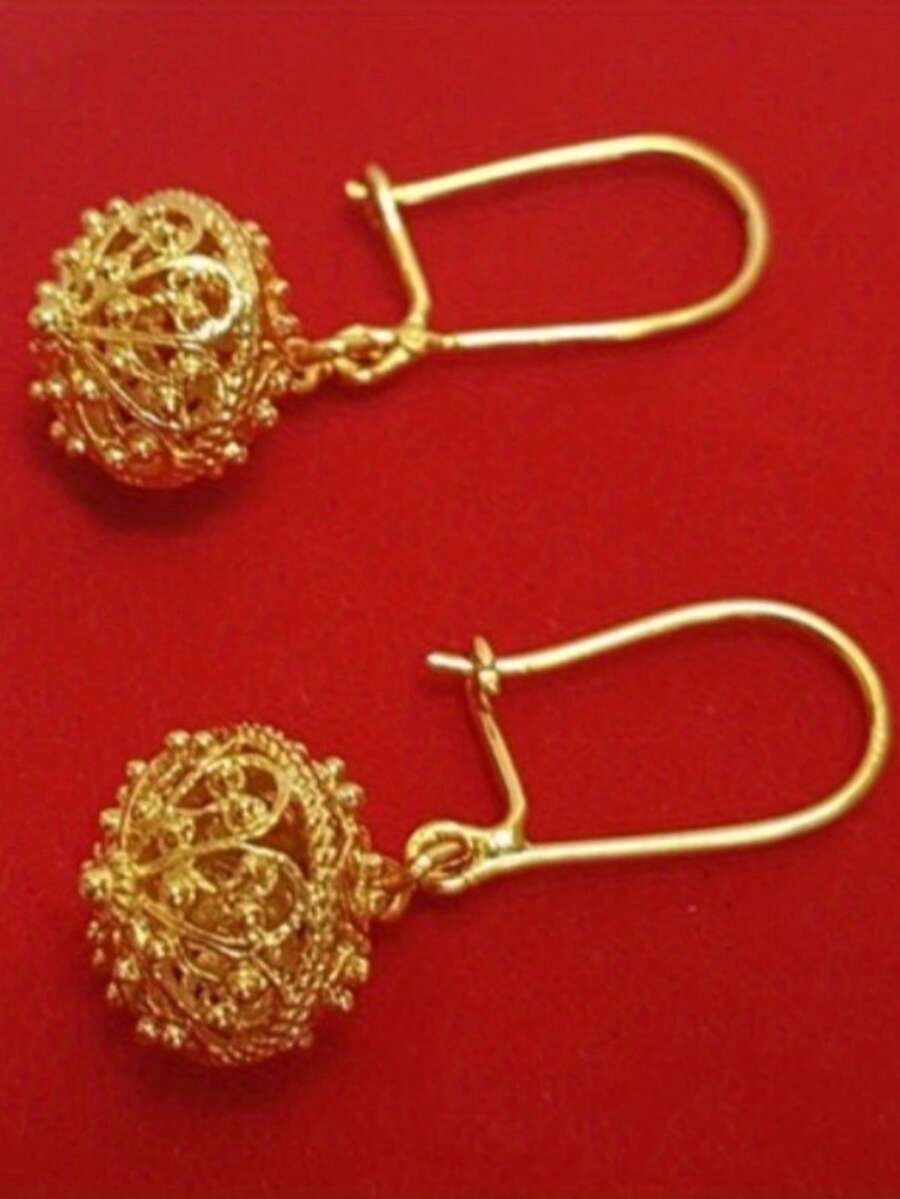 Luxury Floral Hollow Ball Pendant Earrings, Handmade Pure Copper Jewelry For Women, Suitable For Daily Wear, Ideal Gift Choice - Gold - View 1