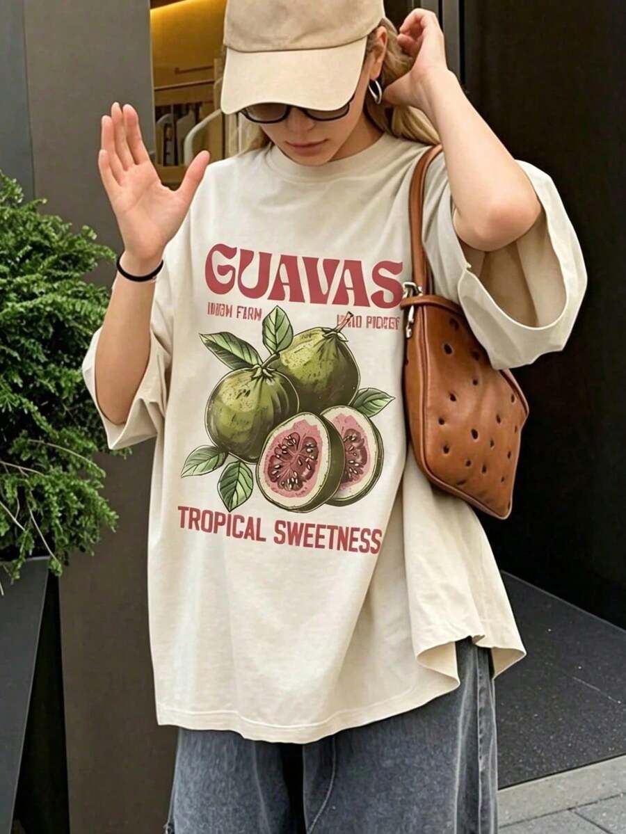 Nueva camiseta de verano casual y versátil para mujer, con cuello redondo, corte holgado, transpirable y con estampado de frutas. - Multicolor - Ver 1