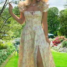 European And American Women's Fashion 2023, New Style, Fresh Floral Print Strappy Dress, Slim Fit And Side Slit For Women, Summer And Autumn - 粉色 - 查看 1