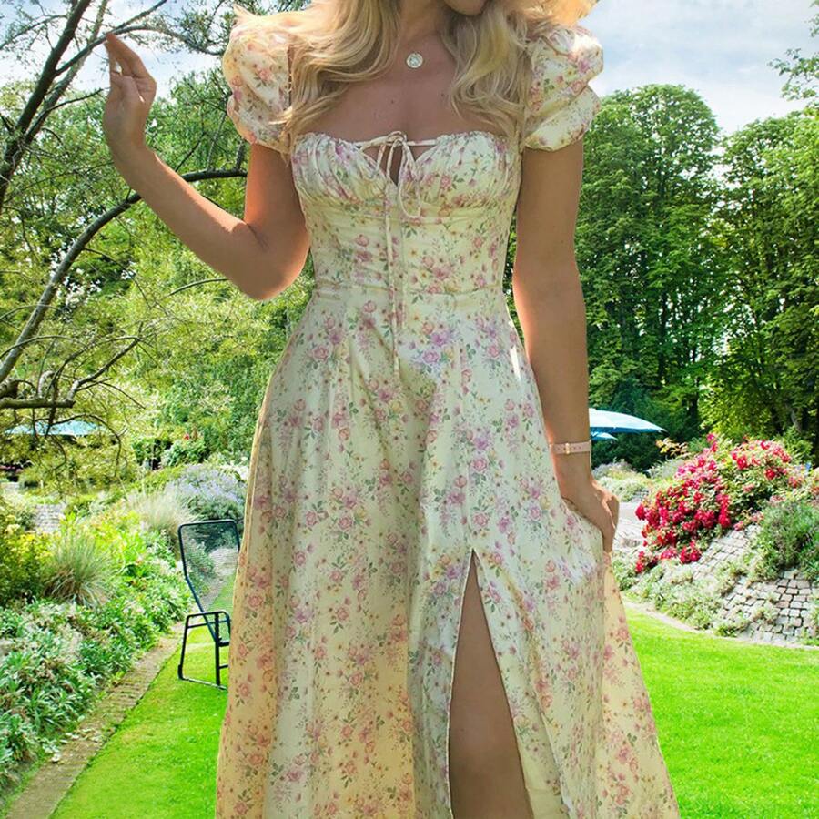 European And American Women's Fashion 2023, New Style, Fresh Floral Print Strappy Dress, Slim Fit And Side Slit For Women, Summer And Autumn - 粉色 - 查看 1