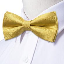 5Pcs Yellow Paisley Jacquard Men Accessory Set, Bow Tie Pocket Square Cufflinks Ring Boutonniere, Random Cufflink Patterns, For Groom Wedding - Yellow - View 3