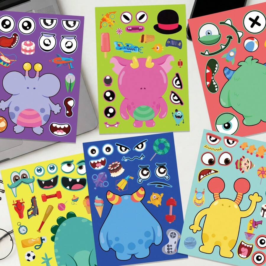 12 Sheets Mix & Match Monster Face Stickers, Rainbow Friends DIY Make Your Own Monster Decals, Ideal For Kids Craft, Party Favors, Kindergarten Activity & Children Gift - Multicolor - View 1